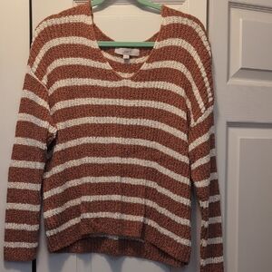 LOFT V-Neck Sweater in Brown and Cream Stripes
